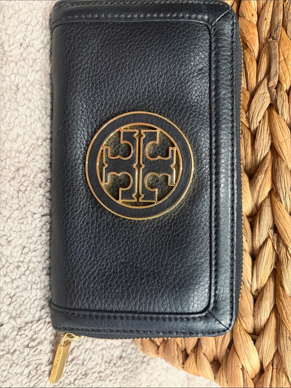 Tory Burch Black Pebbled Leather Zip Wallet with Gold Logo Medallion